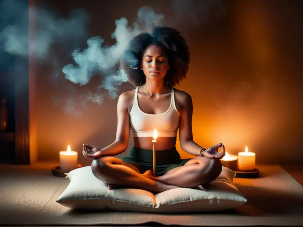 Persona meditando en un espacio sereno con luz de velas y humo de incienso