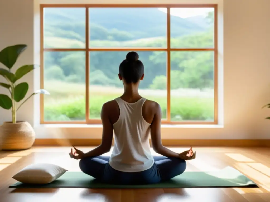 Persona meditando en un espacio sereno con luz natural y elementos de mindfulness para combatir el estrés