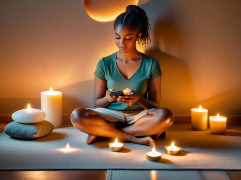 Persona en un espacio sereno, rodeada de velas y humo de salvia, usando apps para limpiar chakras energía en su smartphone