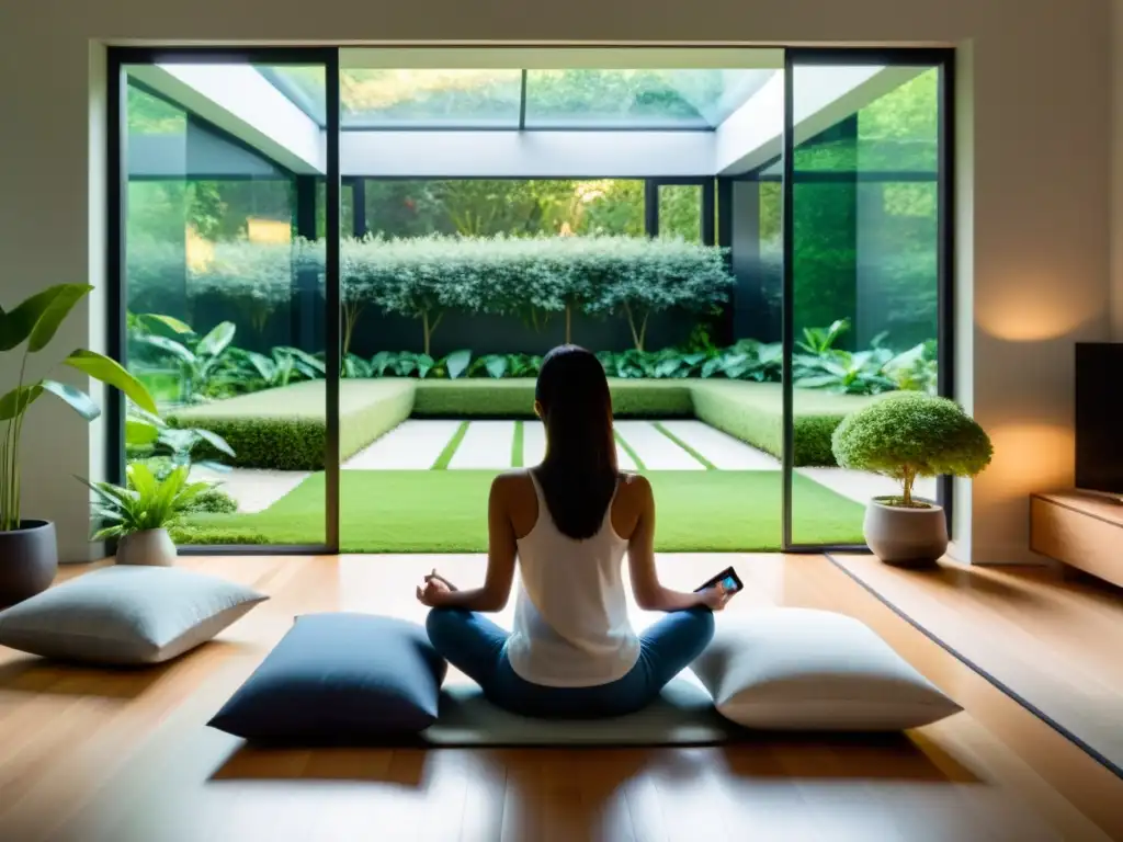 Persona meditando en un espacio tranquilo con tecnología aplicada a rituales ancestrales