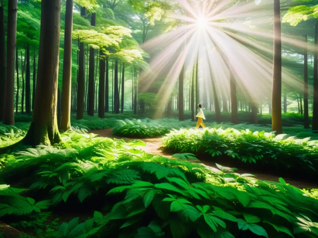 Persona caminando en un exuberante bosque japonés, inmersa en la serenidad de Shinrinyoku, rituales de baños de bosque en Japón