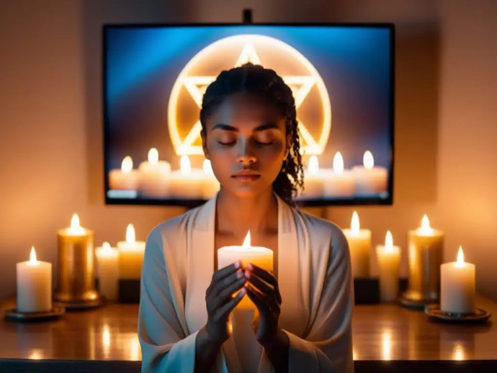 Persona en meditación frente a altar digital, creando espacios sagrados en el mundo digital