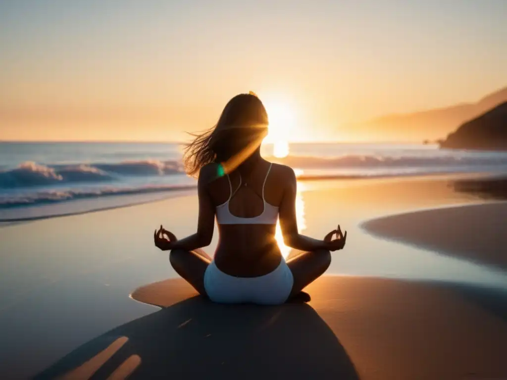 Persona en meditación frente al mar al atardecer, emanando energía sanadora