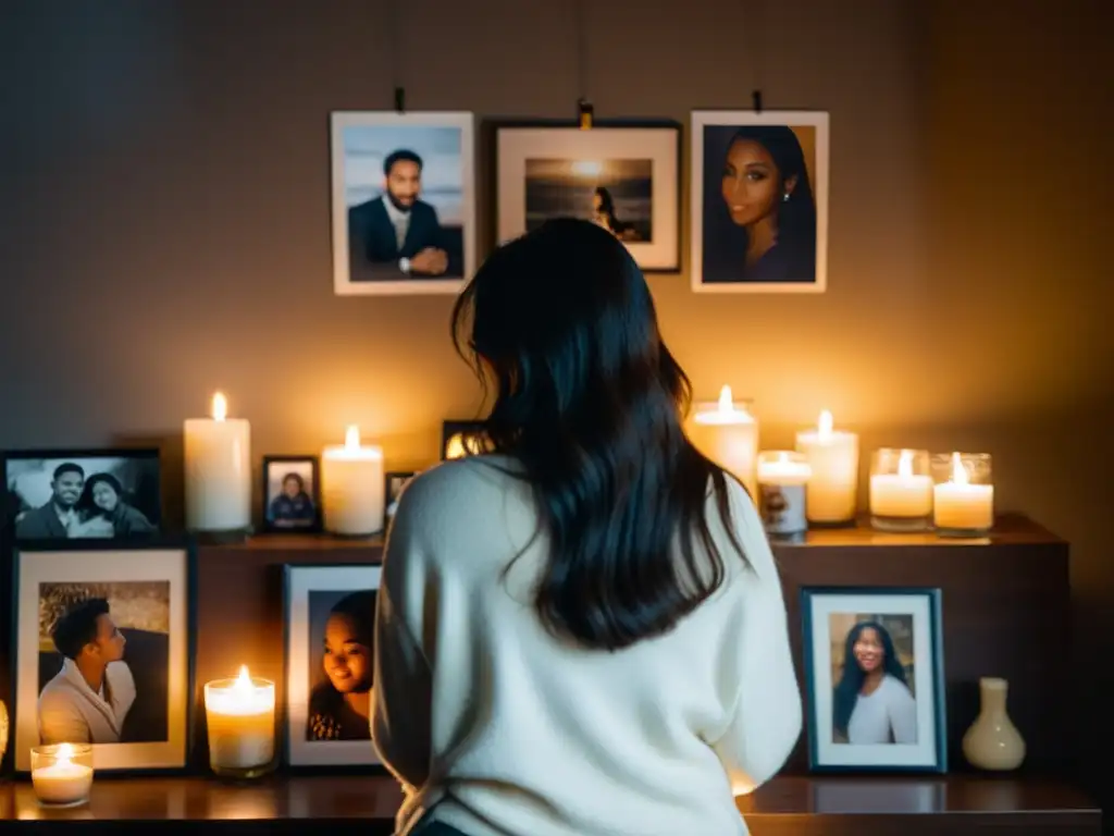 Persona en habitación con fotos y recuerdos, sosteniendo una vela