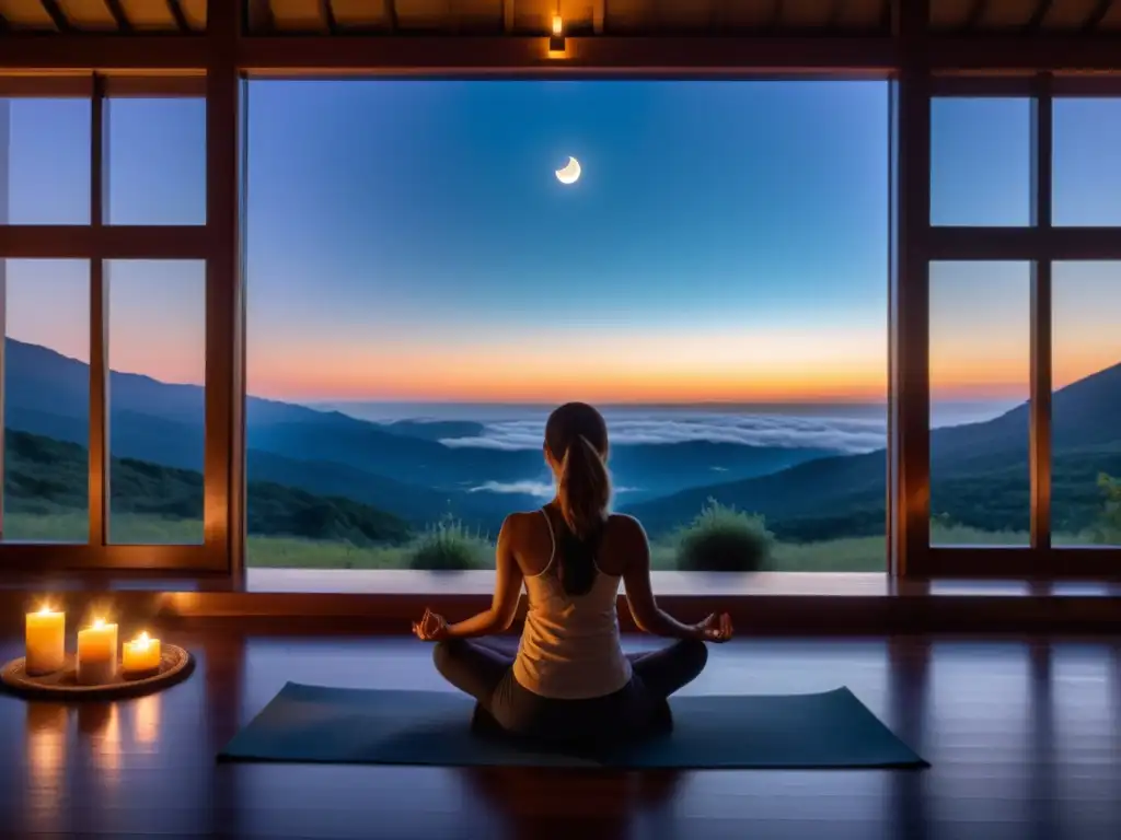 Persona meditando en una habitación iluminada por la luna, rodeada de velas y quemando incienso, reflejando rituales de bienestar fases lunares