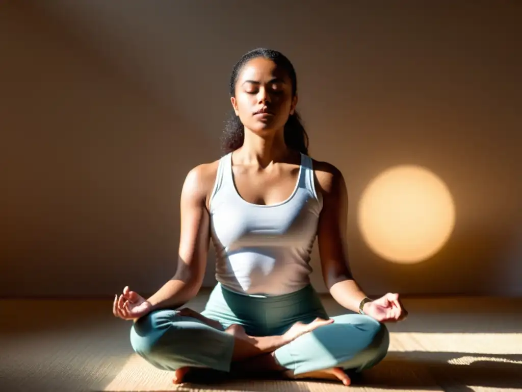 Persona meditando en una habitación iluminada por el sol, en profunda concentración