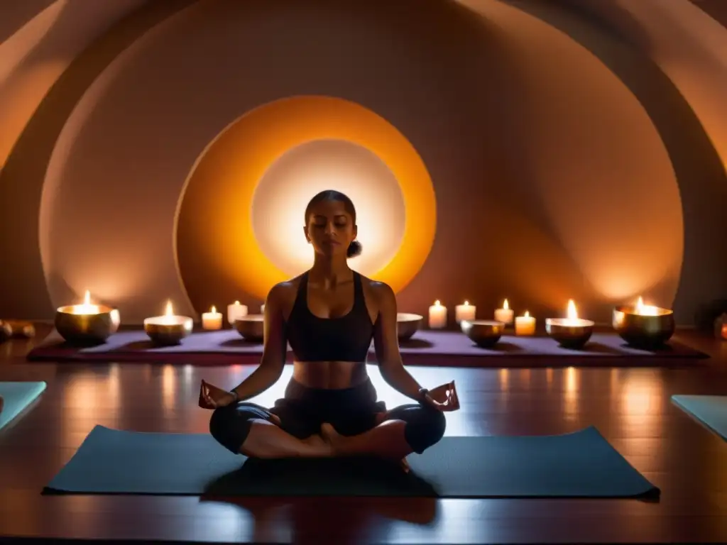 Persona meditando en una habitación iluminada por velas, rodeada de instrumentos de terapia de sonido para rituales