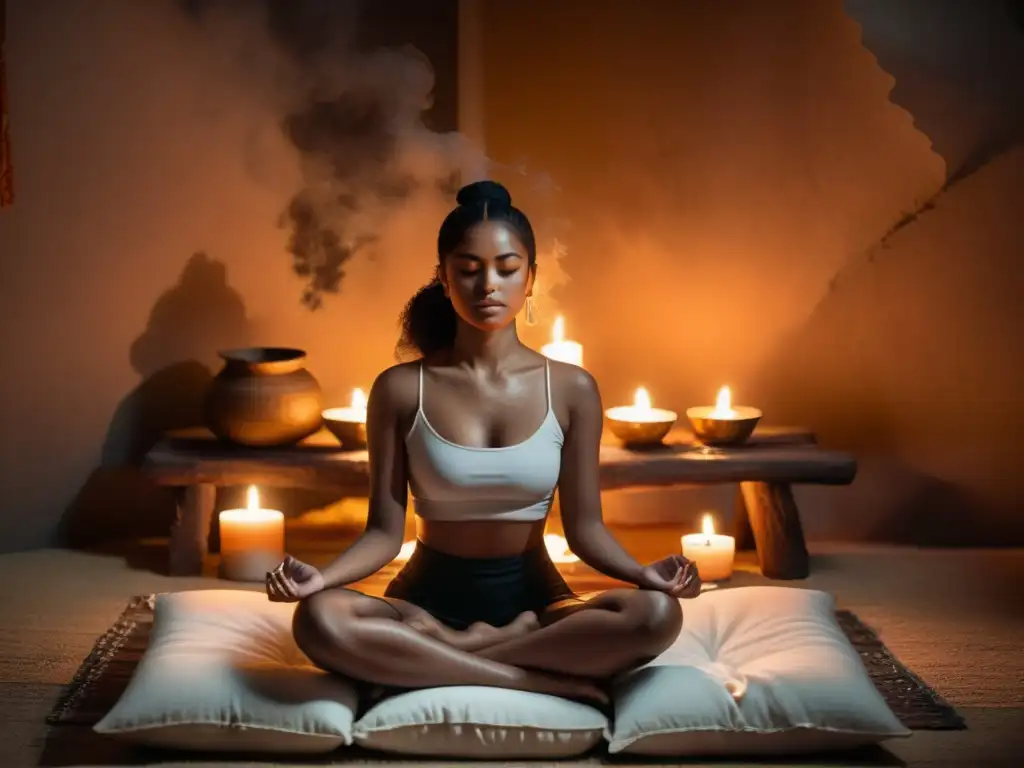 Persona meditando en habitación iluminada por velas y humo de incienso