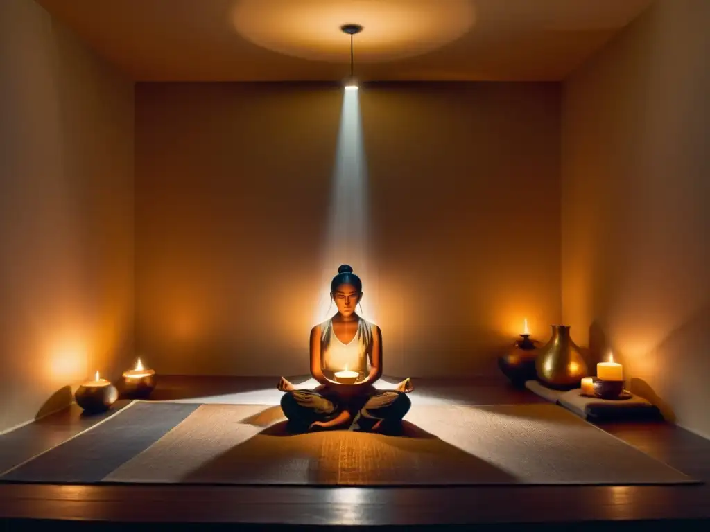 Persona meditando en habitación iluminada por velas, reflejando paz y significado del ayuno intermitente en tradiciones espirituales