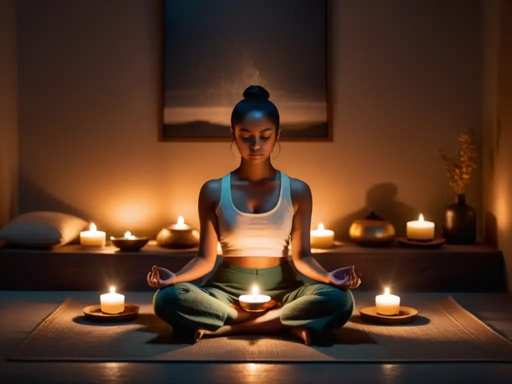 Persona meditando en habitación iluminada por velas e incienso, transmitiendo paz y tranquilidad