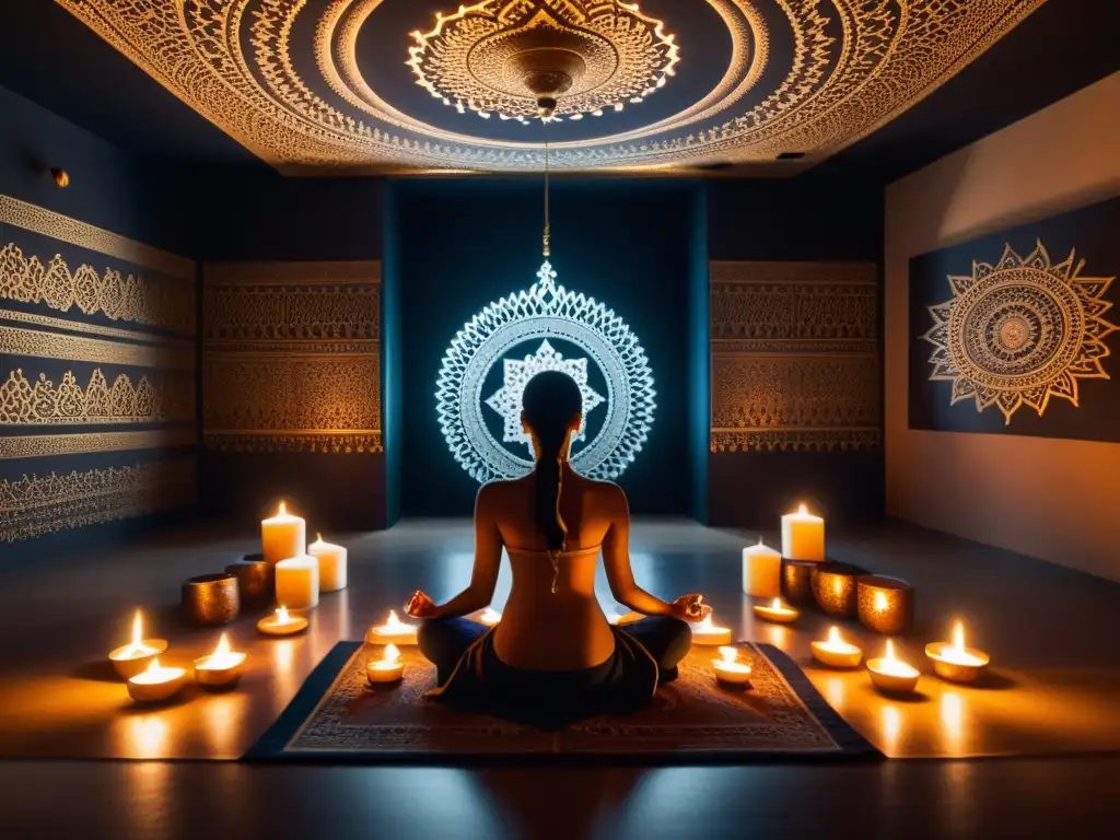 Persona meditando en una habitación iluminada por velas, rodeada de objetos simbólicos