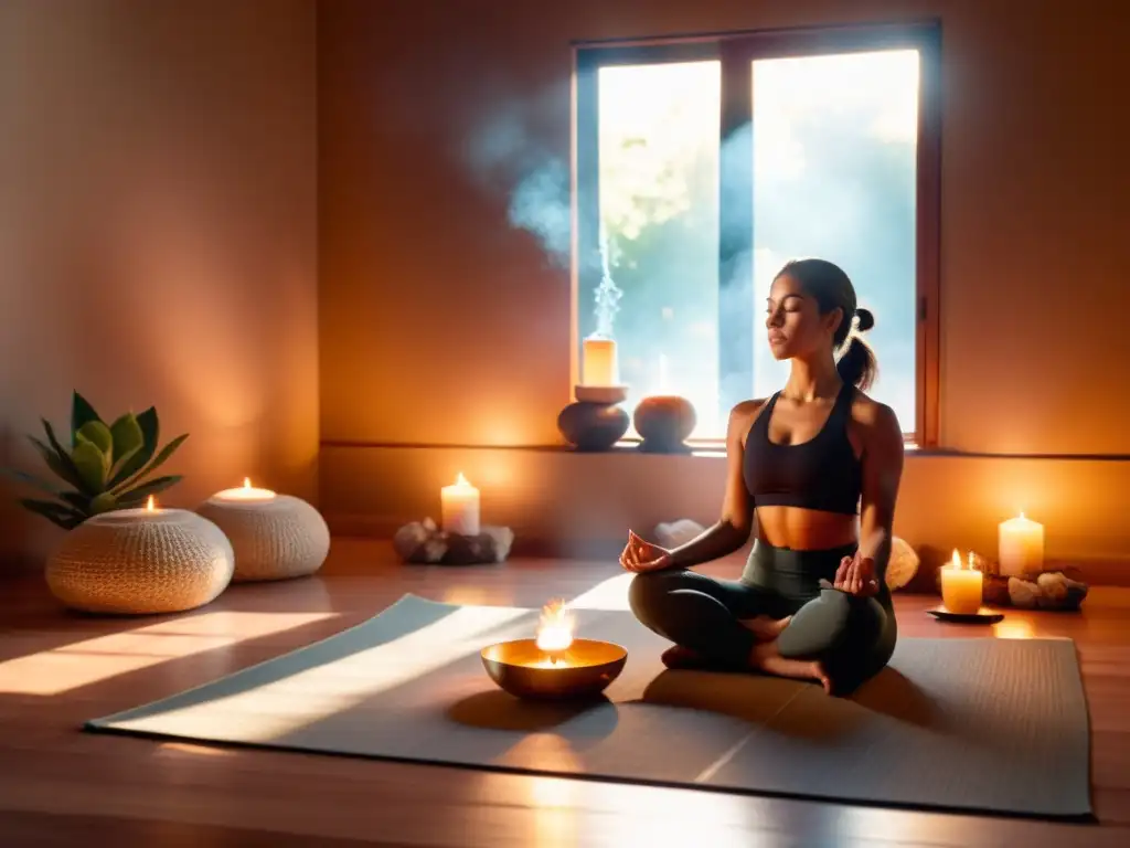 Persona meditando en una habitación llena de energía serena y cálida, rodeada de cristales, velas e incienso