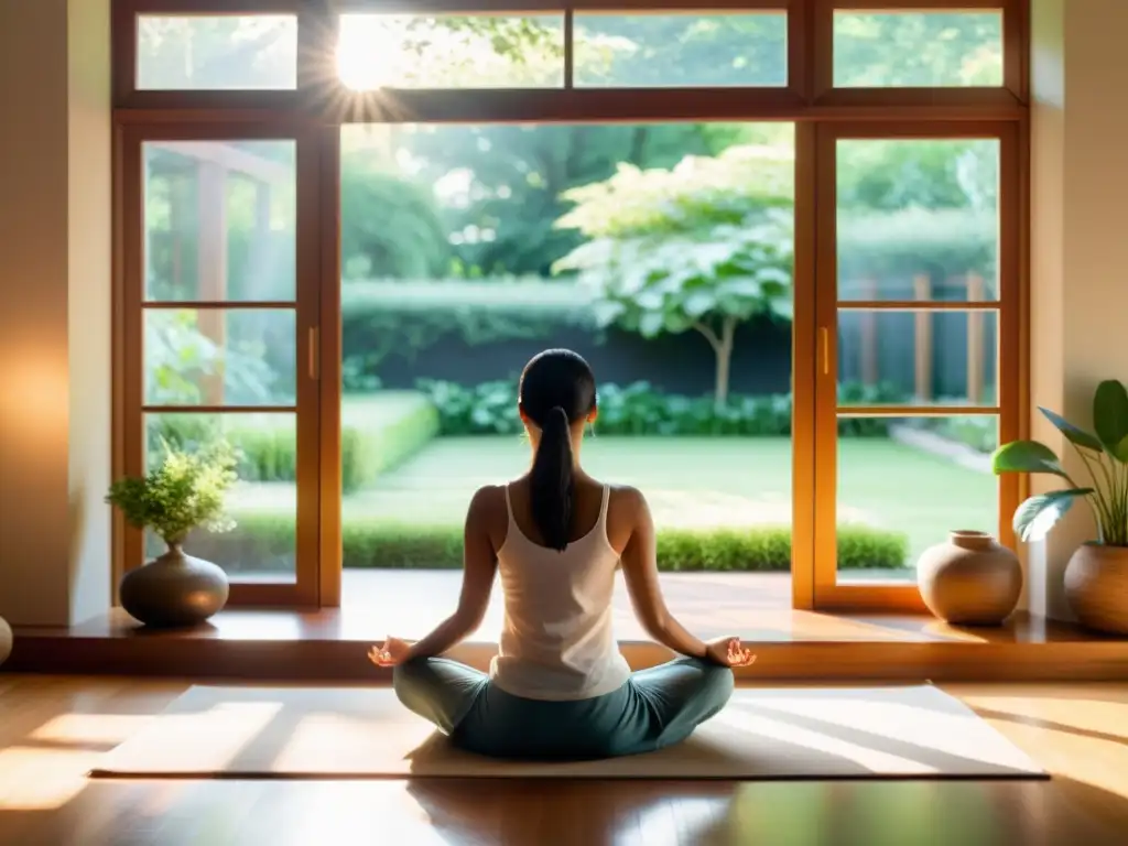 Persona meditando en una habitación luminosa con vista al jardín