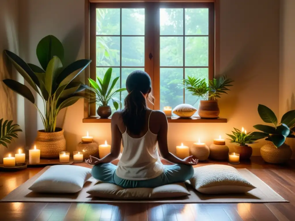 Persona meditando en una habitación serena y acogedora con aplicaciones para enriquecer práctica espiritual