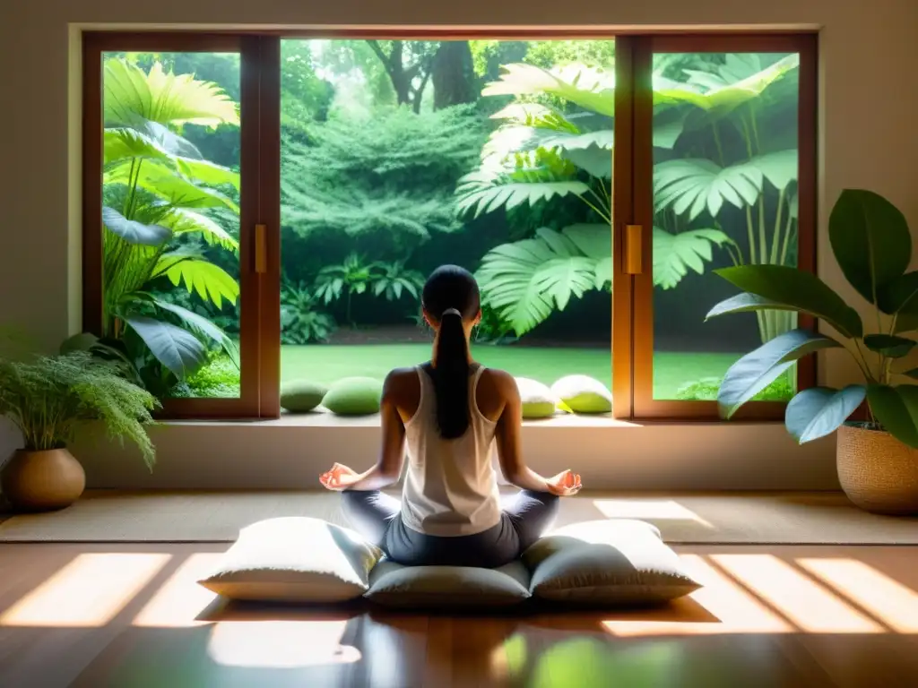 Persona meditando en habitación serena con app de meditación