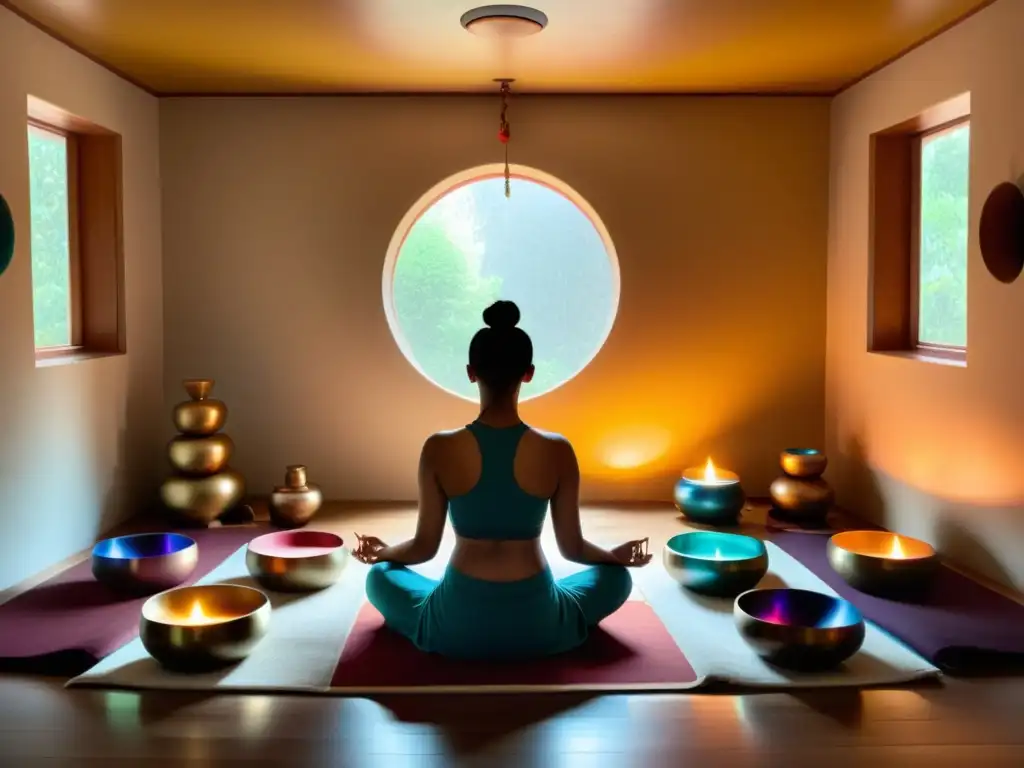 Persona meditando en habitación serena con cuencos tibetanos de distintos tamaños y colores, beneficios cuencos tibetanos meditación