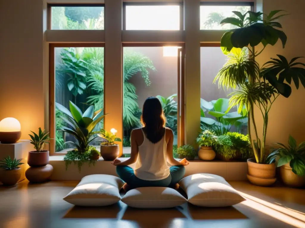 Persona meditando en una habitación serena iluminada por la suave luz dorada