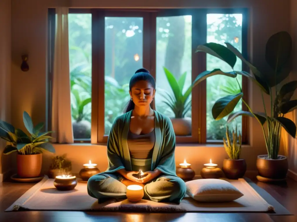 Persona meditando en habitación serena iluminada por luz suave