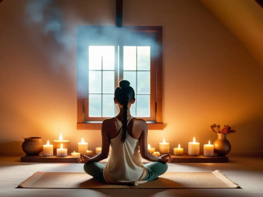 Persona meditando en una habitación serena, iluminada por velas y suave incienso