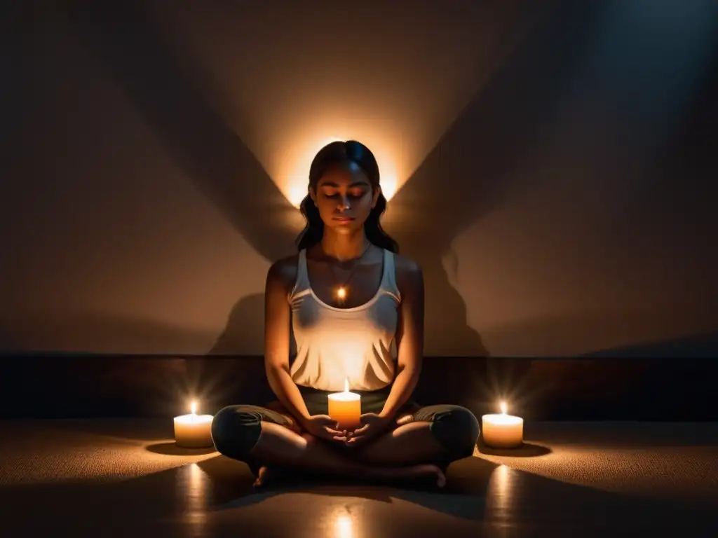 Persona meditando en habitación serena iluminada por velas