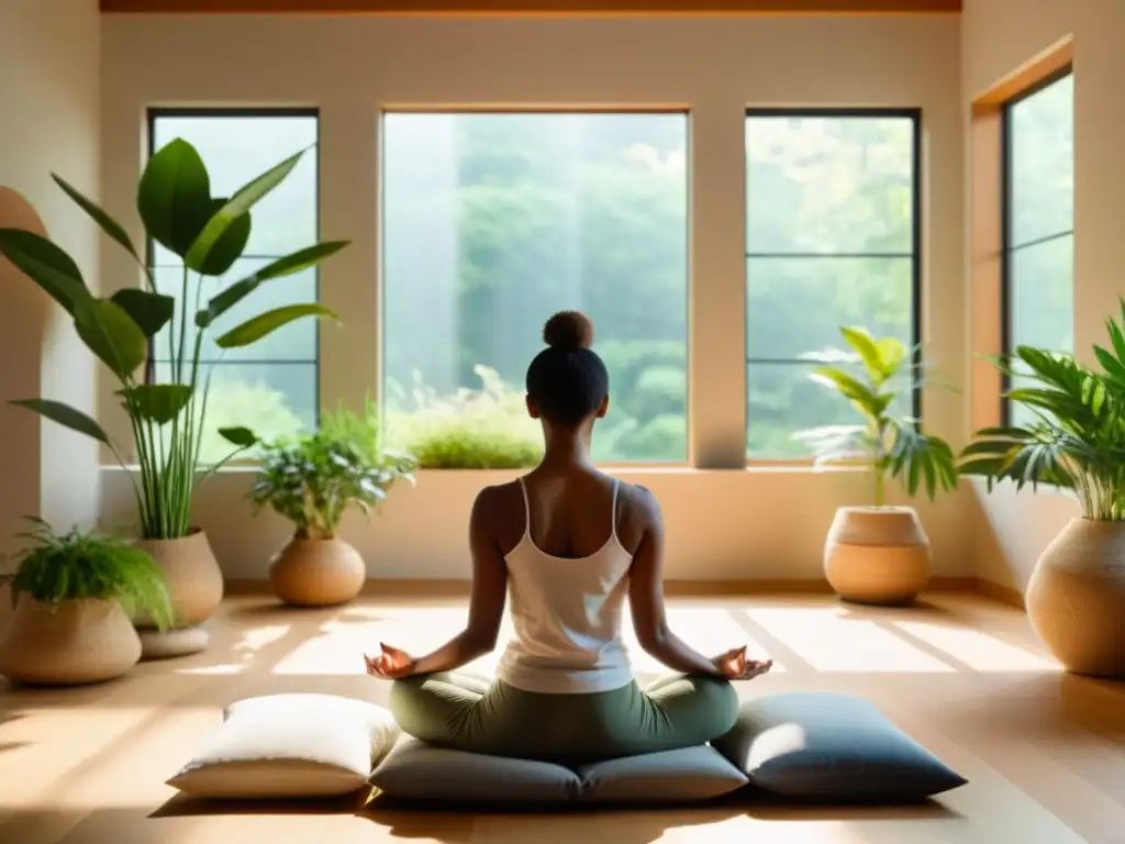 Persona en meditación mindfulness en una habitación serena y luminosa, con plantas y tonos terapéuticos