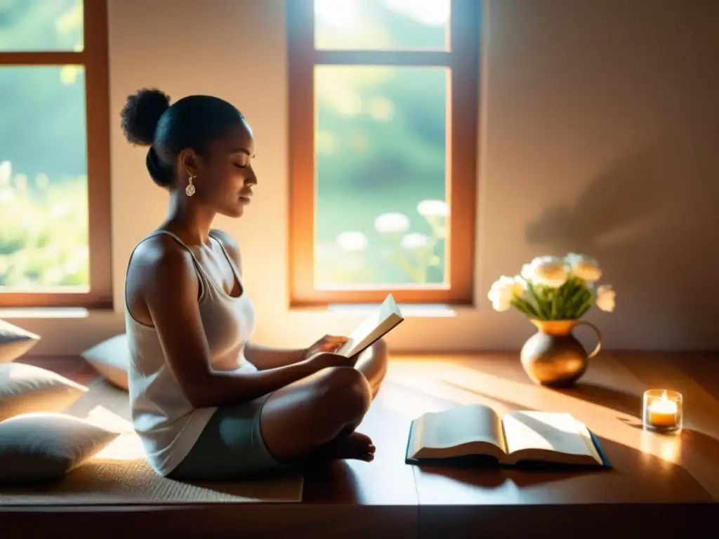 Persona meditando en habitación serena con rituales de gratitud diarios