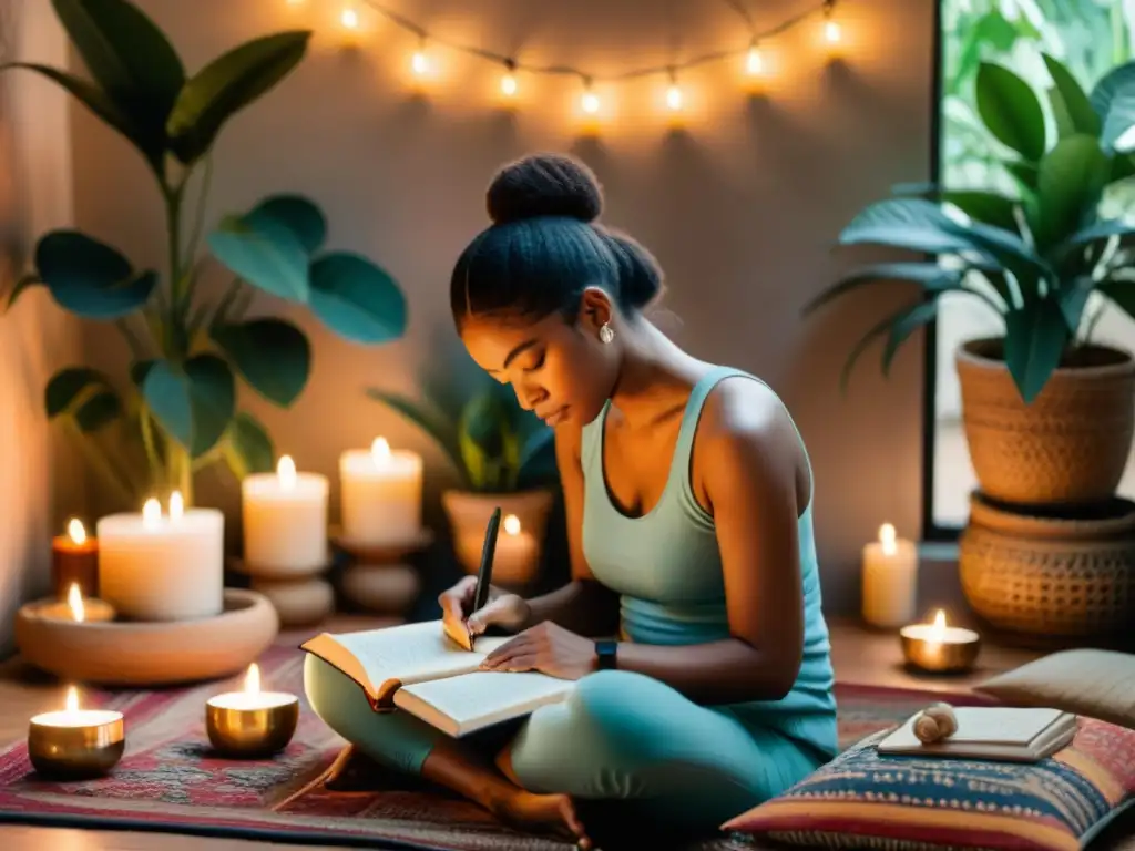 Persona meditando en una habitación serena, rodeada de velas y plantas, escribiendo afirmaciones en un cuaderno