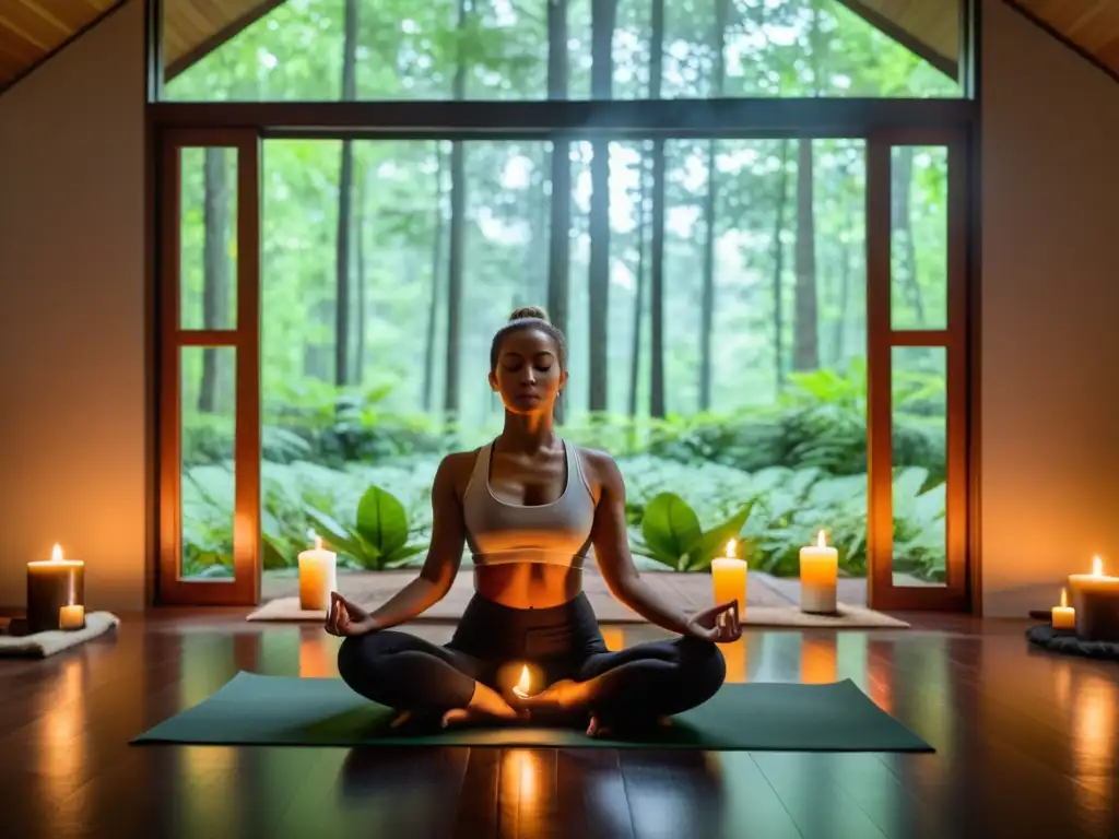 Persona meditando en una habitación serena con velas, ventana y vista al bosque, evocando desconexión digital y tranquilidad