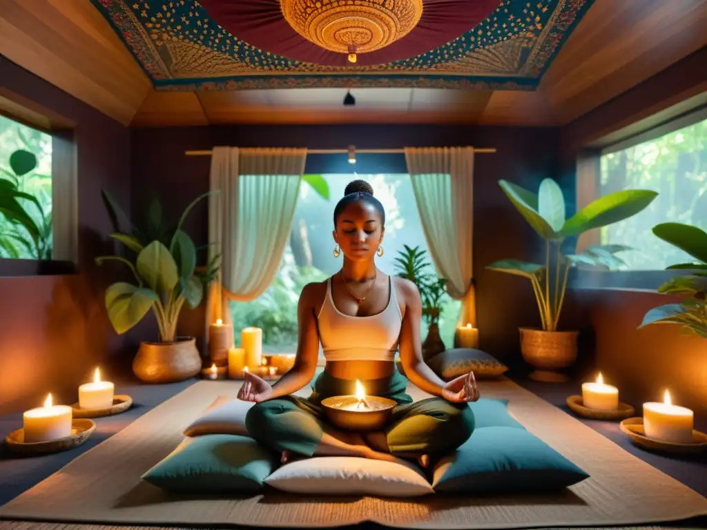 Persona meditando en una habitación serena con velas y plantas, para rituales de meditación para armonía espiritual