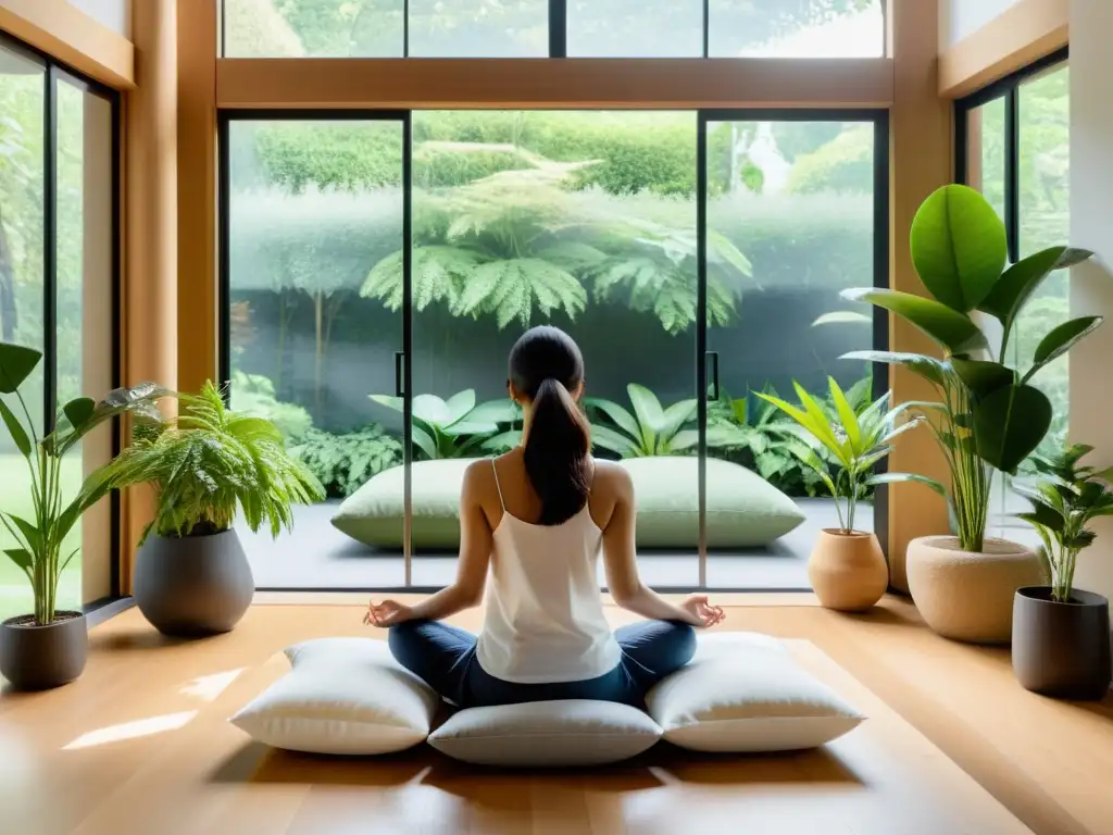 Persona meditando en una habitación serena con vista al jardín, llena de luz natural