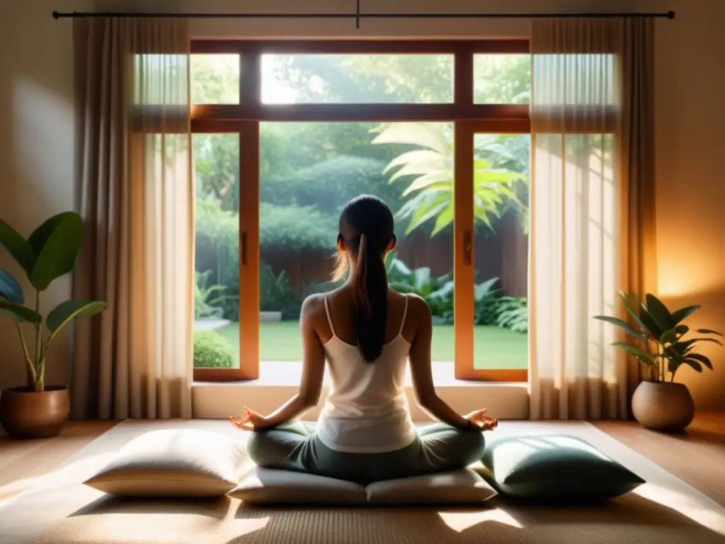 Persona meditando en una habitación serena con vista al jardín