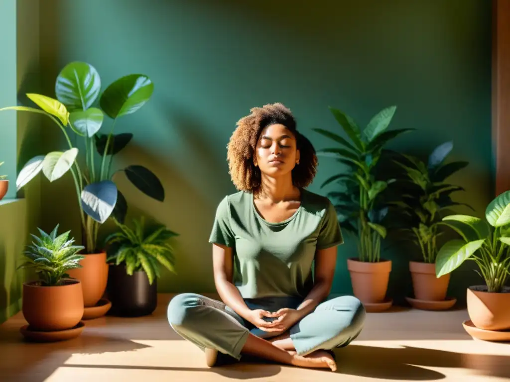 Persona meditando en habitación soleada rodeada de plantas