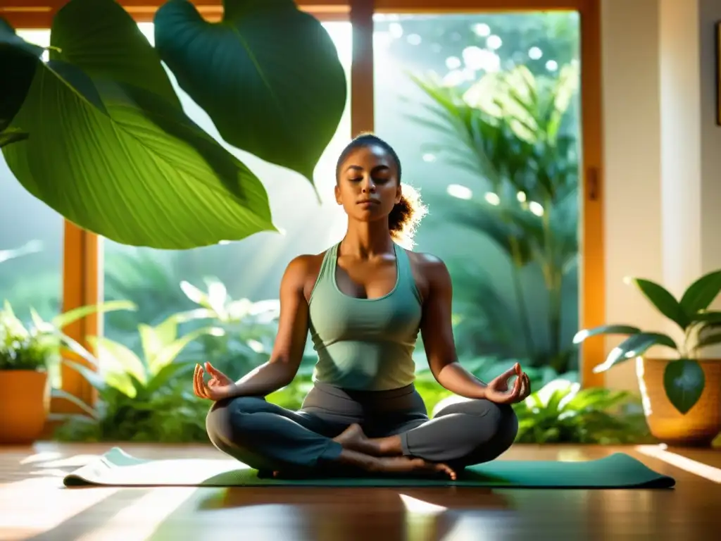 Persona meditando en una habitación soleada rodeada de plantas exuberantes, transmitiendo paz y crecimiento personal a través de rituales de autoayuda