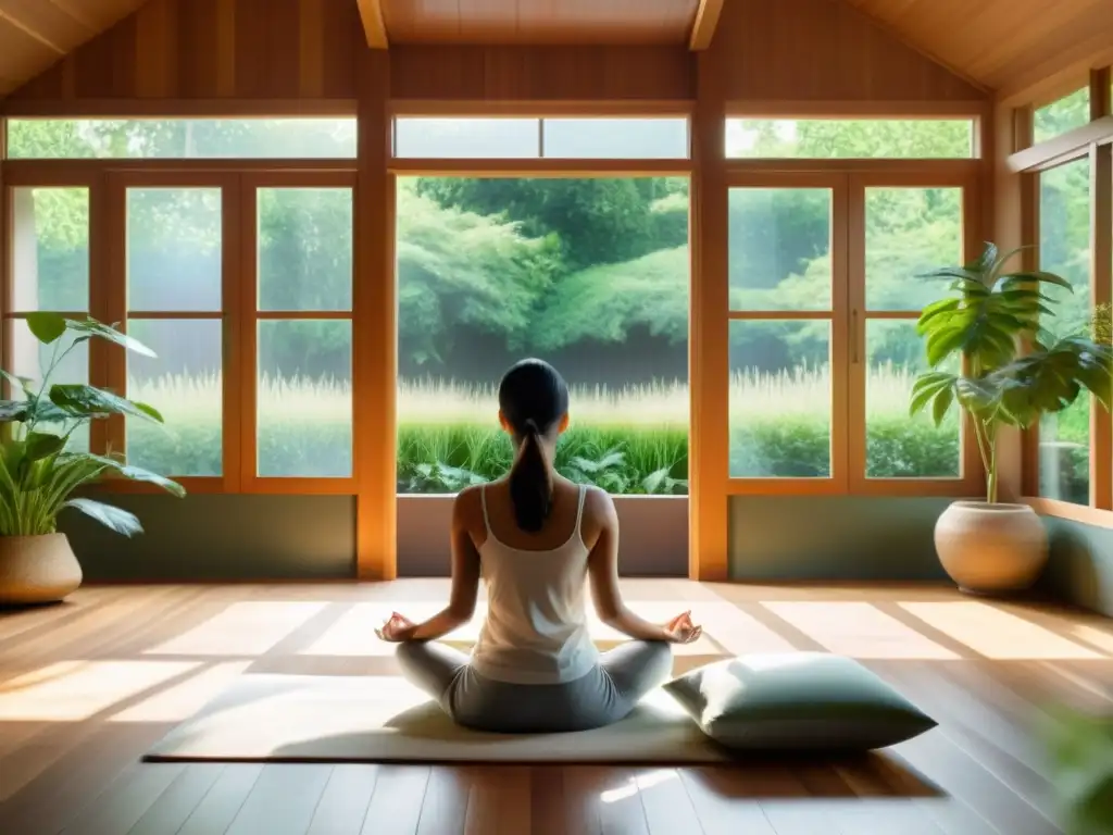 Persona meditando en una habitación soleada con vista al jardín