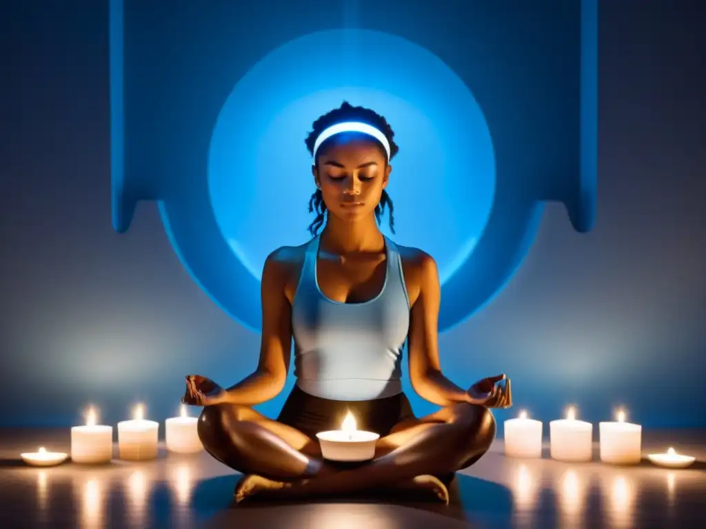 Persona meditando en una habitación tranquila iluminada por velas, con un moderno dispositivo emitiendo luz azul