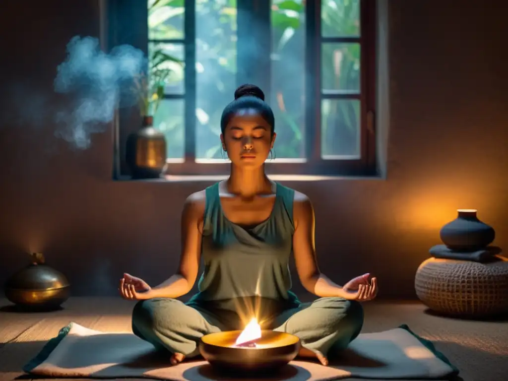 Persona meditando en una habitación tranquila con luz suave y elementos para meditación profunda