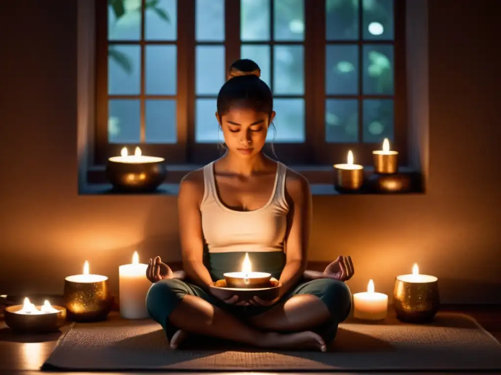 Persona meditando en habitación tranquila con velas y incienso