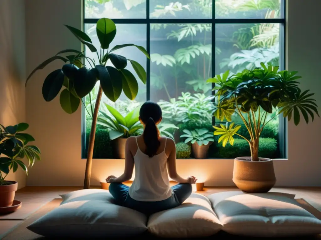 Persona meditando en habitación tranquila con vista al jardín