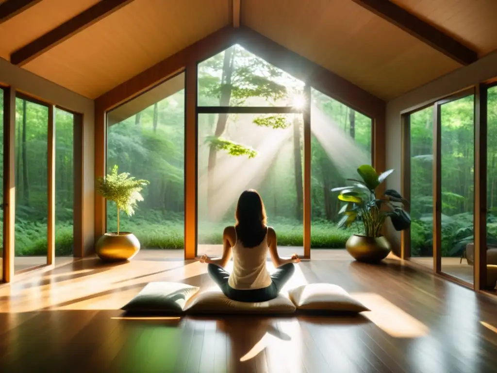 Persona meditando en habitación tranquila con vistas al bosque, para aplicaciones para enriquecer práctica espiritual