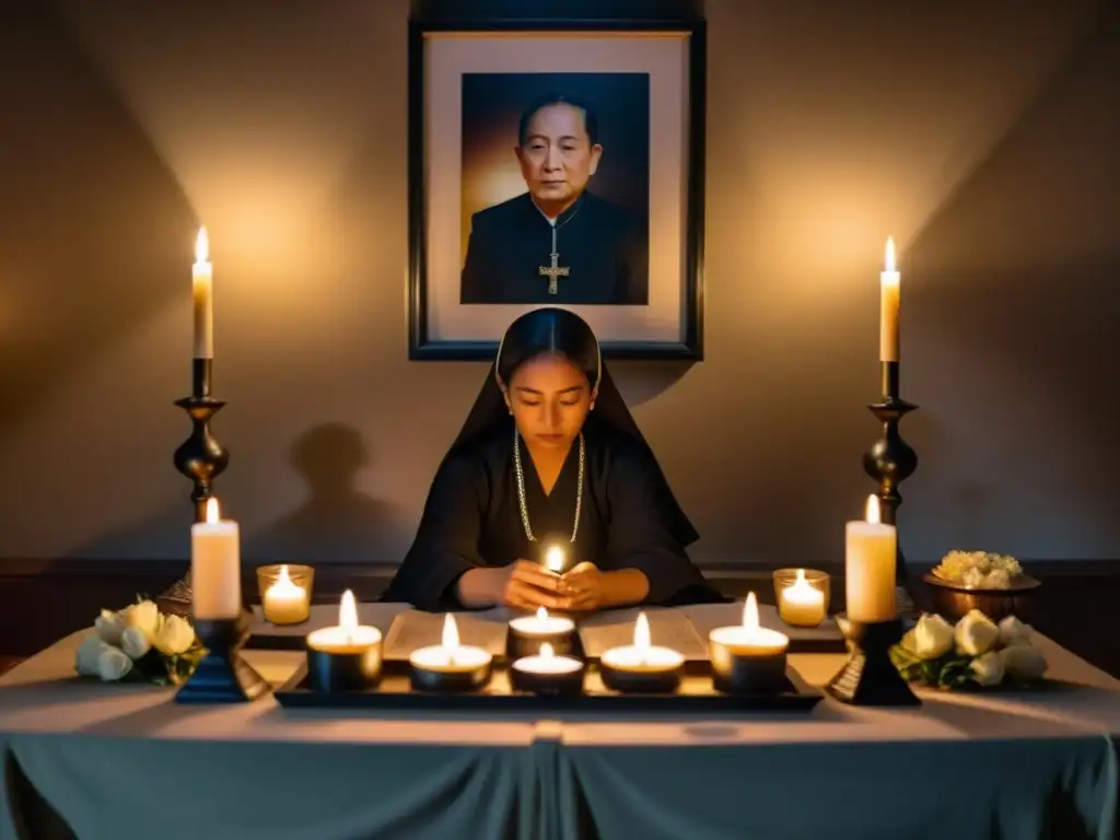 Persona en luto se sienta entre velas en habitación con objetos simbólicos de remembranza, reflejando prácticas personales de luto