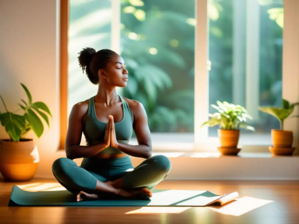 Una persona en meditación matutina, con luz suave iluminando un ambiente tranquilo