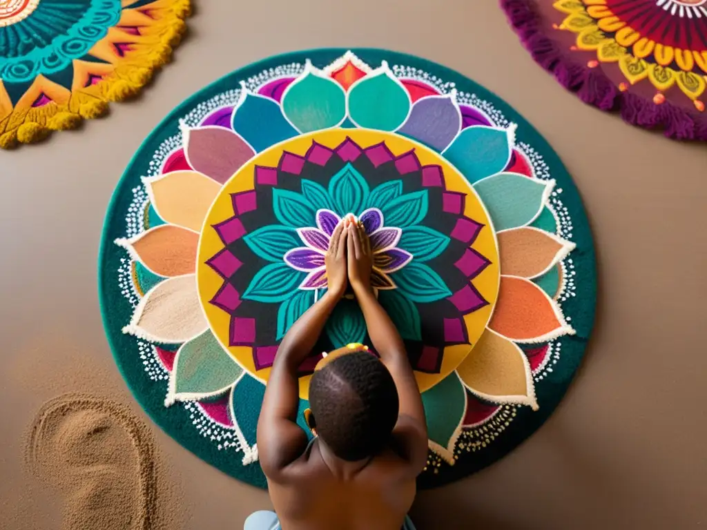 Persona creando un mandala con concentración, rodeada de mandalas de arena colorida