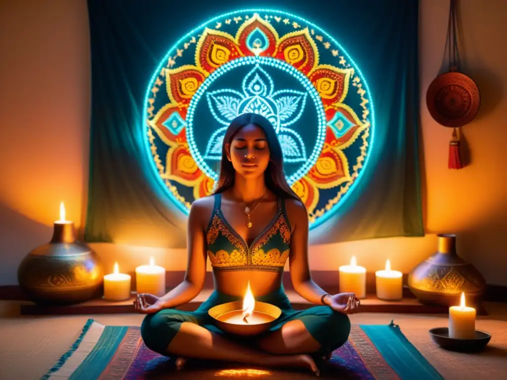 Persona en meditación con mantras, rodeada de luz de velas y paz espiritual en un espacio sagrado