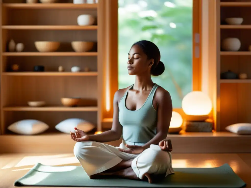 Persona en meditación con mantras, sumergida en serena introspección en un espacio minimalista