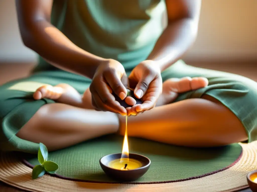 Ritual íntimo de Abhyanga: masaje ayurvédico Persona realizando un masaje ayurvédico con aceite herbal en un ambiente tranquilo y relajante, parte de rituales diarios medicina ayurveda