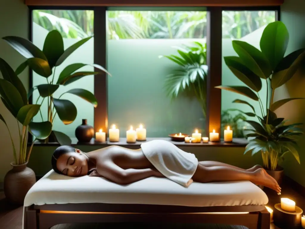 Una persona recibe un masaje relajante en un tranquilo spa, rodeado de velas, plantas y una decoración terrosa