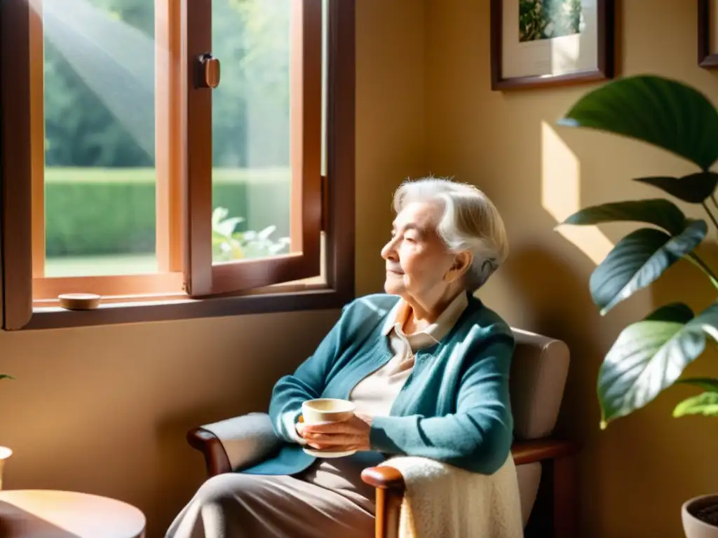 Una persona mayor contempla el jardín desde una cómoda butaca junto a la ventana, en un ambiente cálido y sereno