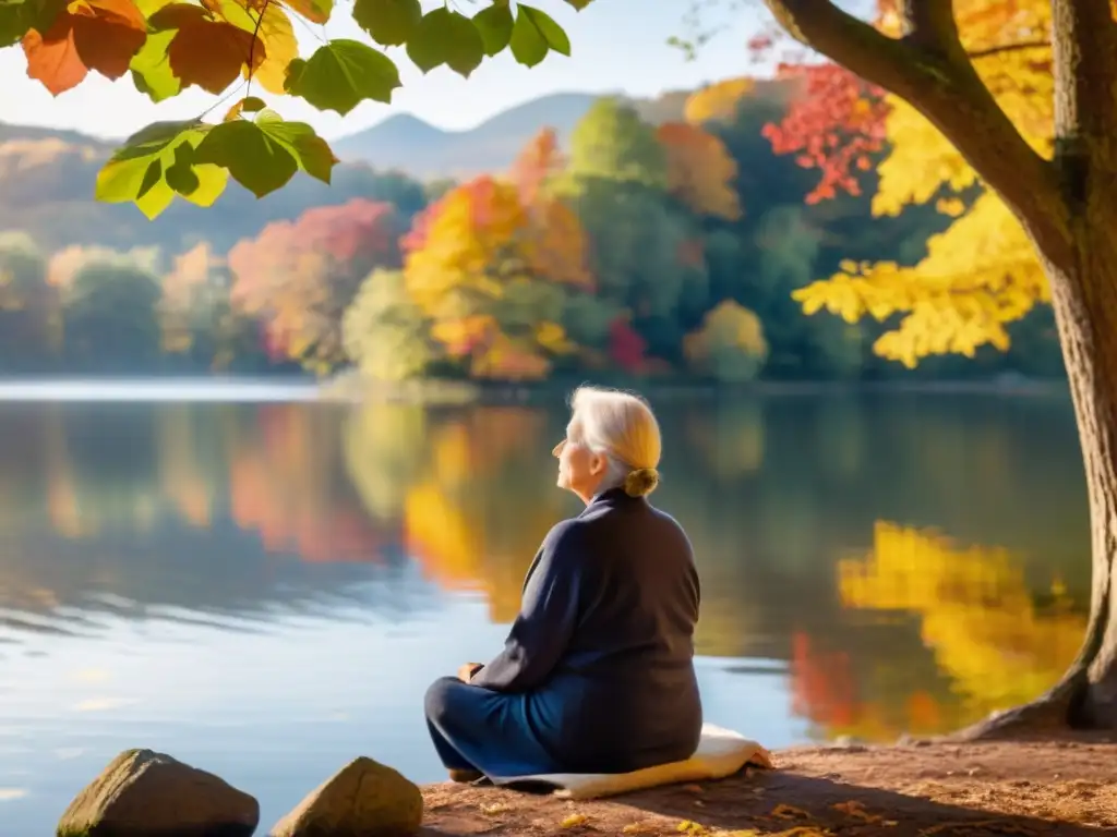 Persona mayor meditando junto al lago en otoño, transmitiendo calma y conexión con la naturaleza