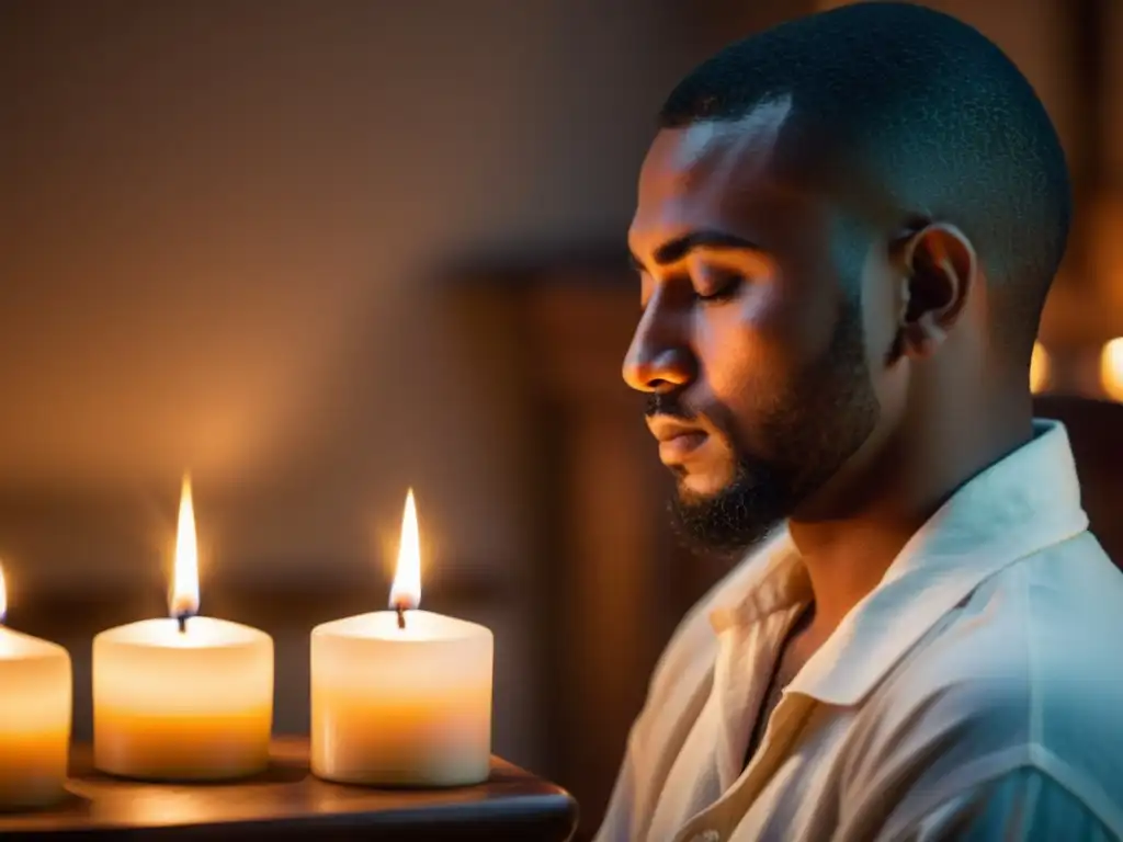 Persona en meditación profunda, iluminada por velas, reflejando serenidad en práctica espiritual del ayuno intermitente