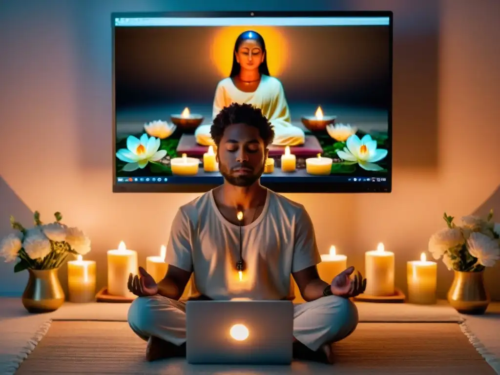 Una persona meditativa frente a un altar virtual en la pantalla de la computadora, creando espacios sagrados digitales